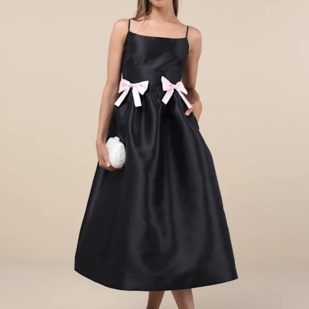 Lulu's Black Midi Dress with Pink Bows